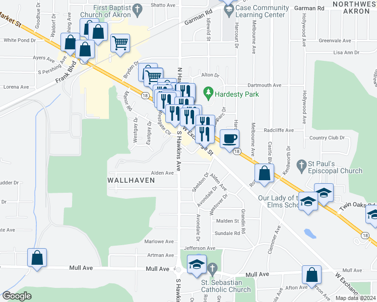 map of restaurants, bars, coffee shops, grocery stores, and more near 1509 Marion Avenue in Akron