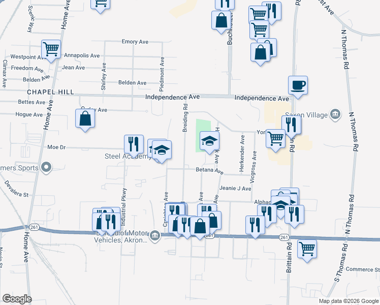 map of restaurants, bars, coffee shops, grocery stores, and more near 1600 Breiding Road in Akron