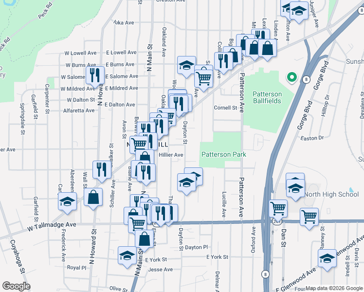 map of restaurants, bars, coffee shops, grocery stores, and more near 803 Dayton Street in Akron
