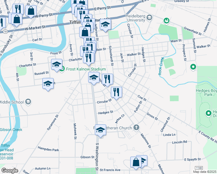 map of restaurants, bars, coffee shops, grocery stores, and more near 91 Melmore Street in Tiffin