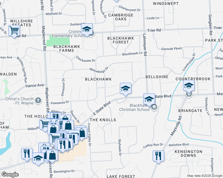 map of restaurants, bars, coffee shops, grocery stores, and more near 7018 Piegan Place in Fort Wayne