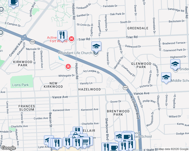 map of restaurants, bars, coffee shops, grocery stores, and more near 3409 Collegiate Court in Fort Wayne