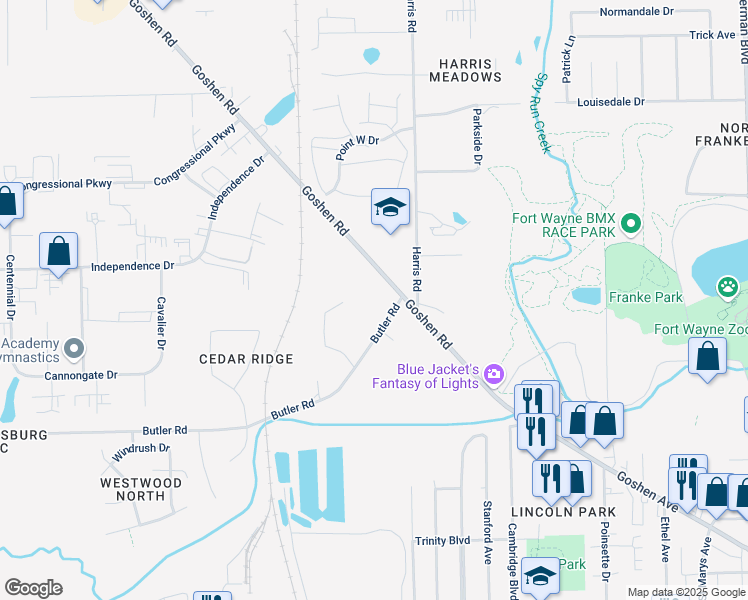 map of restaurants, bars, coffee shops, grocery stores, and more near 2116 Butler Road in Fort Wayne