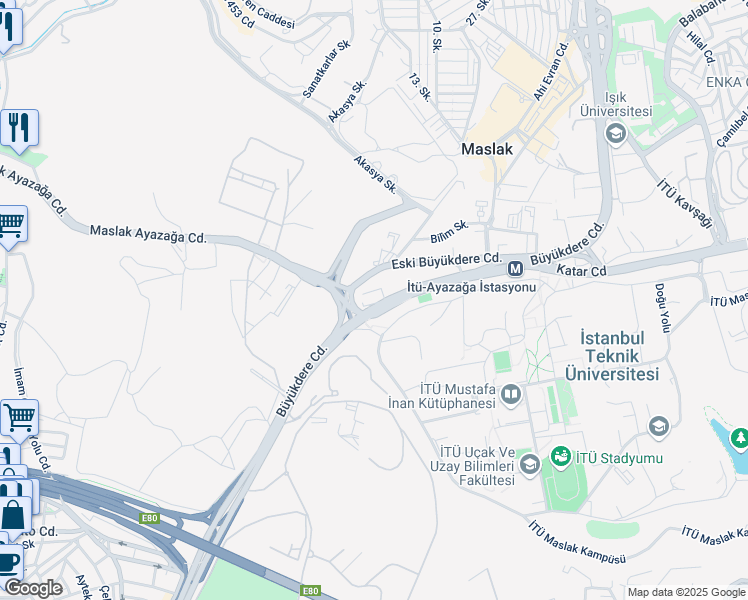 map of restaurants, bars, coffee shops, grocery stores, and more near 219 Büyükdere Caddesi in Şişli