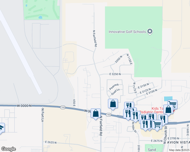 map of restaurants, bars, coffee shops, grocery stores, and more near 3250 North Fairfield Road East in Layton