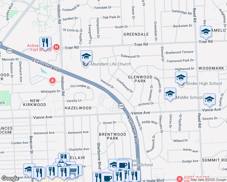 map of restaurants, bars, coffee shops, grocery stores, and more near 3421 Inwood Drive in Fort Wayne