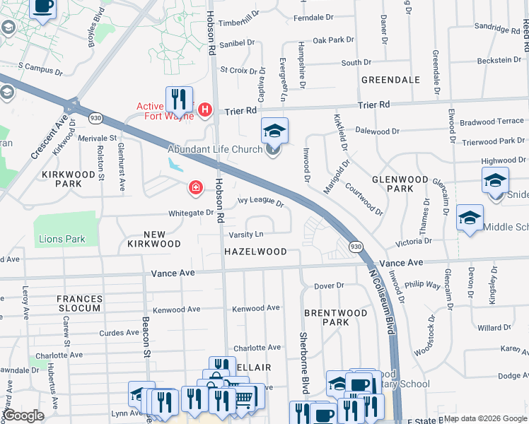 map of restaurants, bars, coffee shops, grocery stores, and more near 3409 Collegiate Court in Fort Wayne