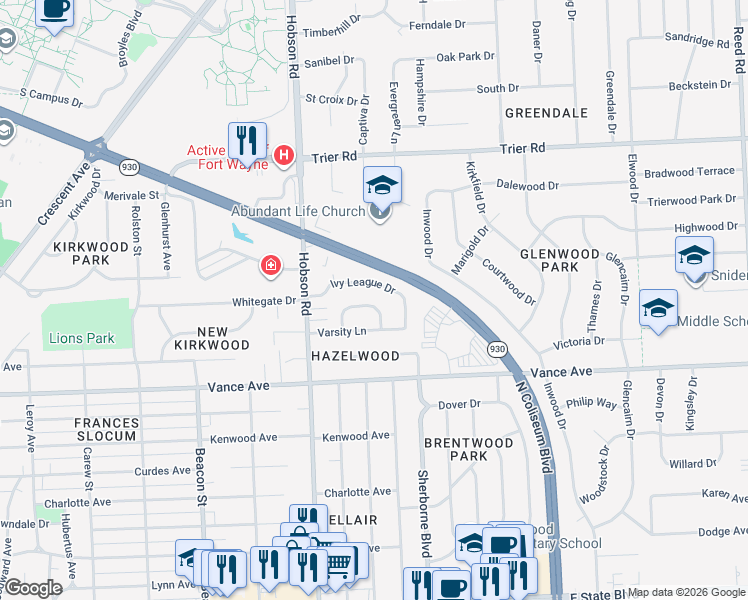 map of restaurants, bars, coffee shops, grocery stores, and more near 3409 Collegiate Court in Fort Wayne