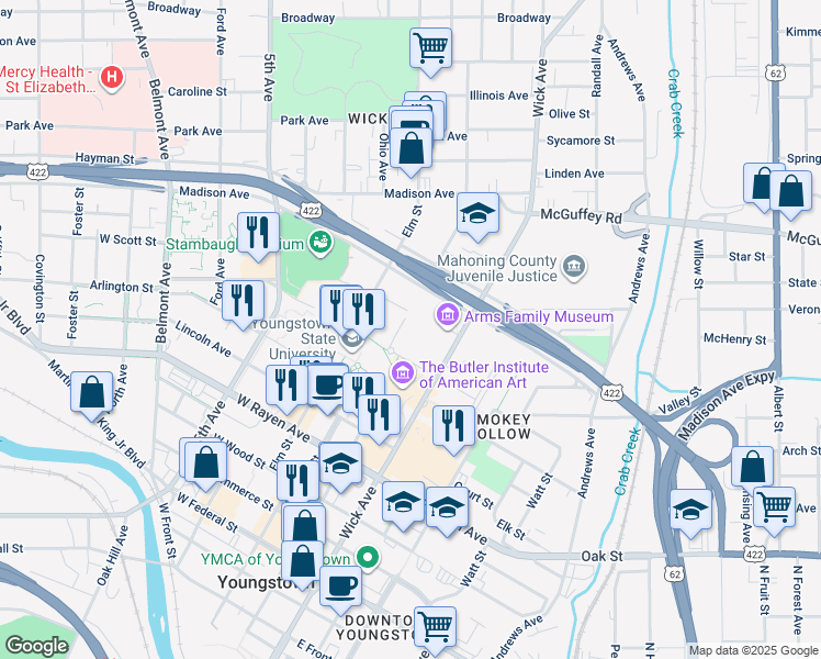 map of restaurants, bars, coffee shops, grocery stores, and more near 629 Bryson Street in Youngstown