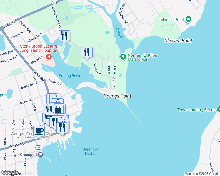 map of restaurants, bars, coffee shops, grocery stores, and more near 7 Beach Road in Greenport