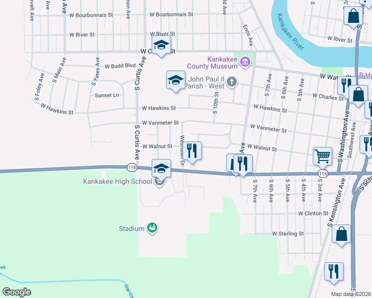 map of restaurants, bars, coffee shops, grocery stores, and more near 1096 W Walnut St in Kankakee