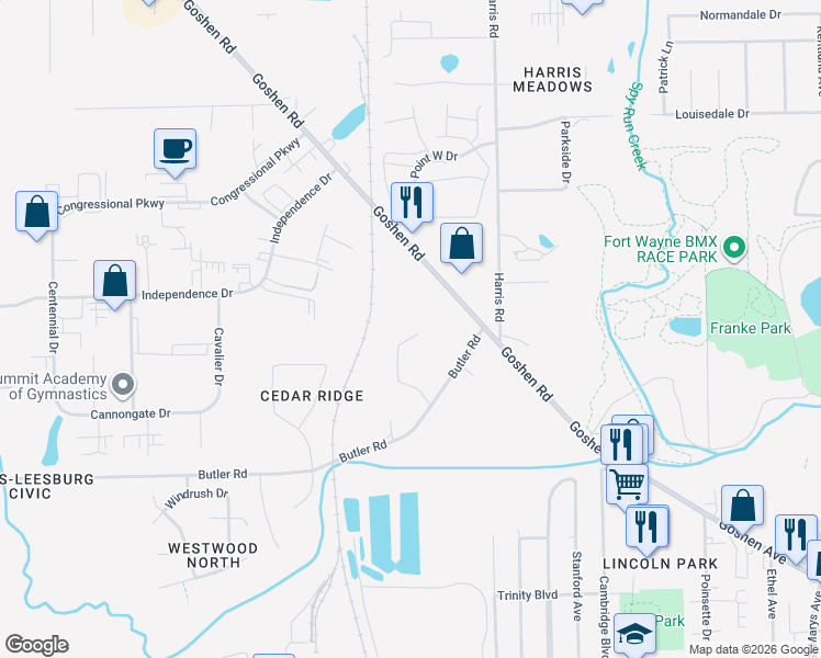 map of restaurants, bars, coffee shops, grocery stores, and more near 3431 Butler Court in Fort Wayne