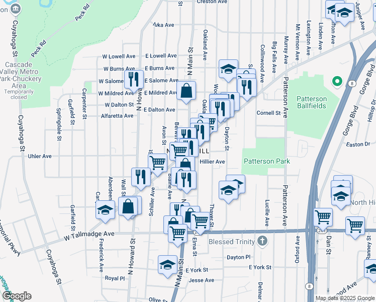 map of restaurants, bars, coffee shops, grocery stores, and more near North Main Street & East Cuyahoga Falls Avenue in Akron