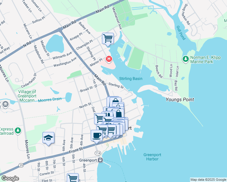 map of restaurants, bars, coffee shops, grocery stores, and more near 638 Carpenter Street in Greenport