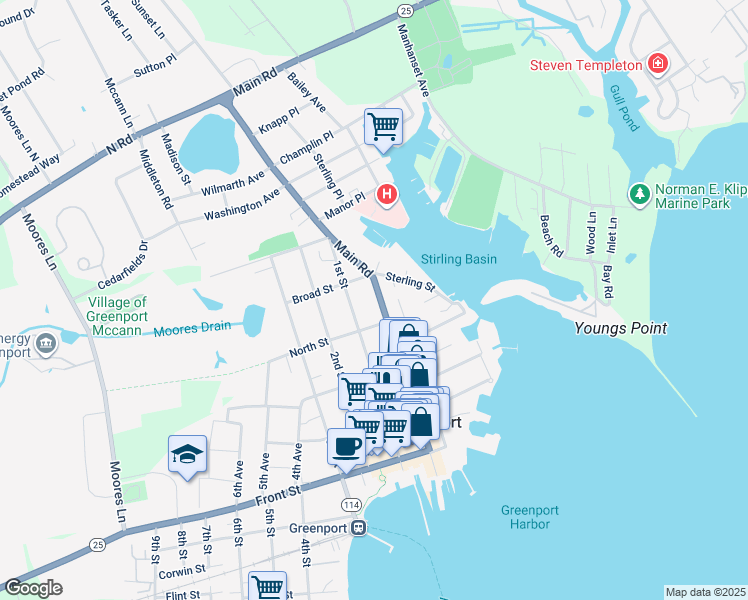 map of restaurants, bars, coffee shops, grocery stores, and more near 621 New York 25 in Greenport