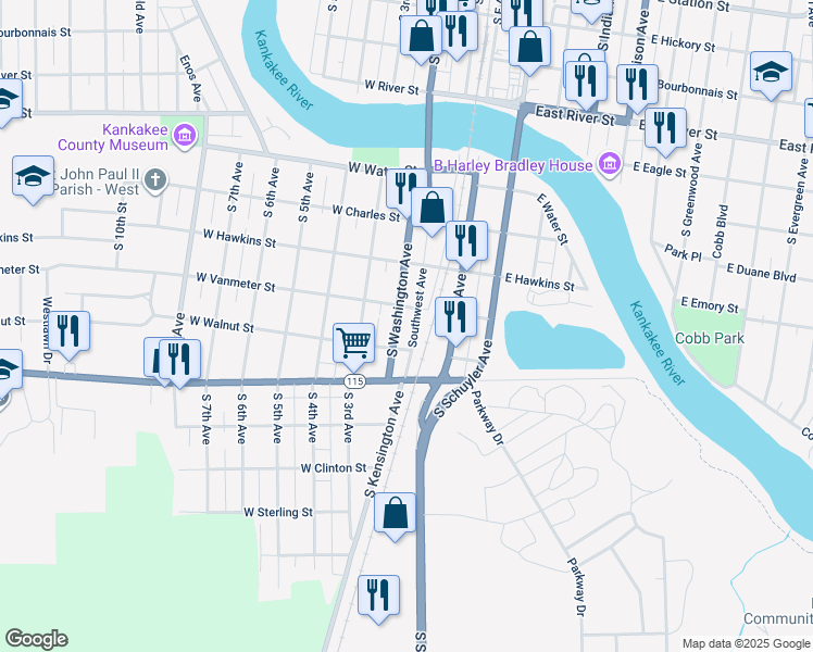 map of restaurants, bars, coffee shops, grocery stores, and more near 1144 S Washington Ave in Kankakee