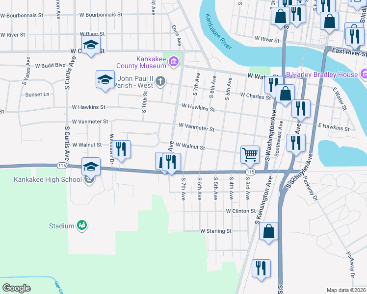 map of restaurants, bars, coffee shops, grocery stores, and more near 1205 South 7th Avenue in Kankakee