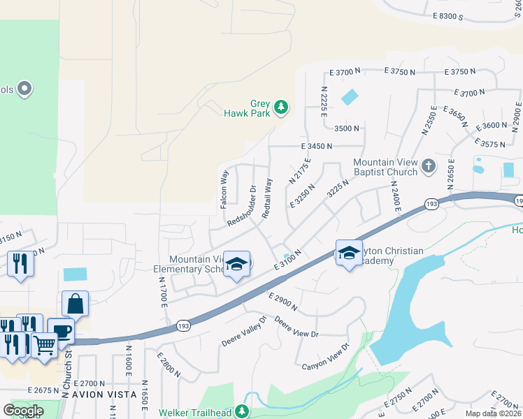 map of restaurants, bars, coffee shops, grocery stores, and more near 3263 Redtail Way in Layton