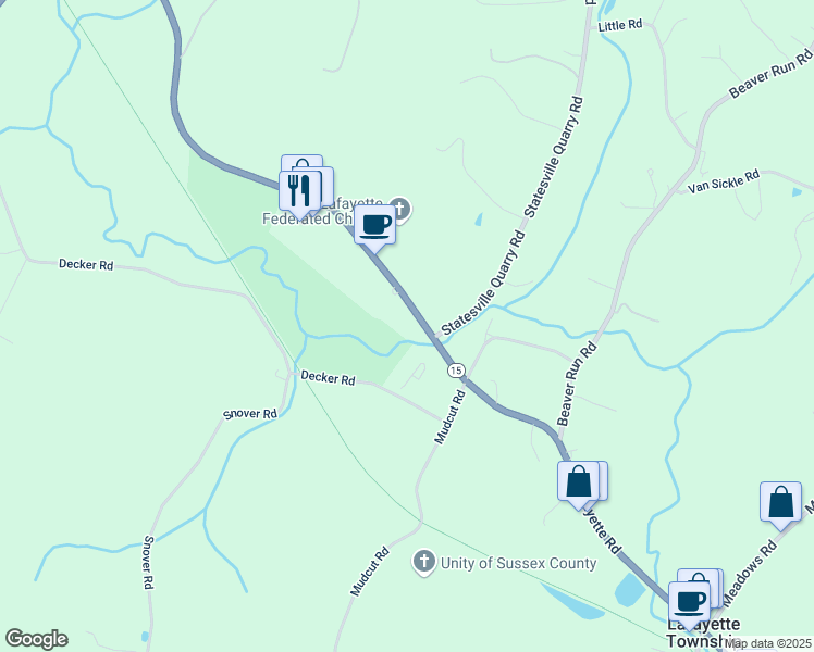 map of restaurants, bars, coffee shops, grocery stores, and more near 177 New Jersey 15 in Lafayette