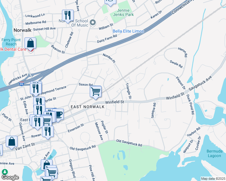 map of restaurants, bars, coffee shops, grocery stores, and more near 14 Reboda Court in Norwalk