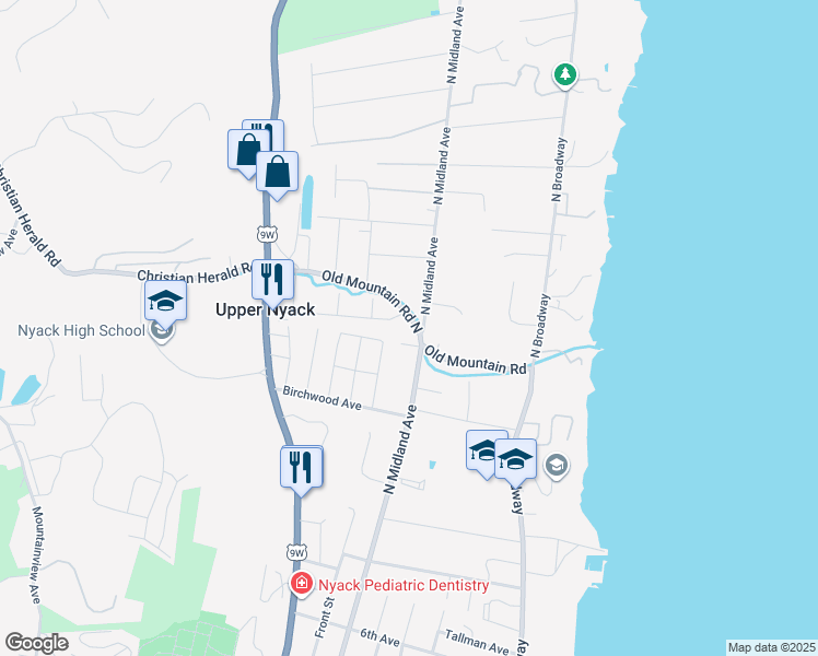 map of restaurants, bars, coffee shops, grocery stores, and more near 201 Old Mountain Road North in Nyack
