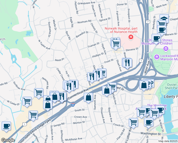 map of restaurants, bars, coffee shops, grocery stores, and more near 28 Ferris Avenue in Norwalk