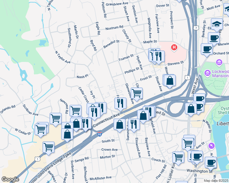 map of restaurants, bars, coffee shops, grocery stores, and more near 28 Ferris Avenue in Norwalk