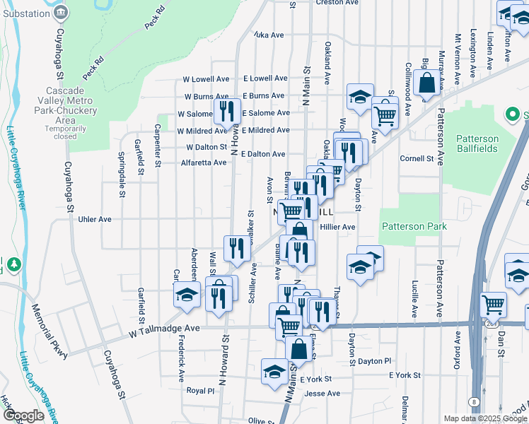 map of restaurants, bars, coffee shops, grocery stores, and more near 814 Avon Street in Akron