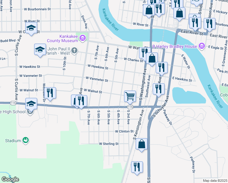 map of restaurants, bars, coffee shops, grocery stores, and more near 1181 South 5th Avenue in Kankakee