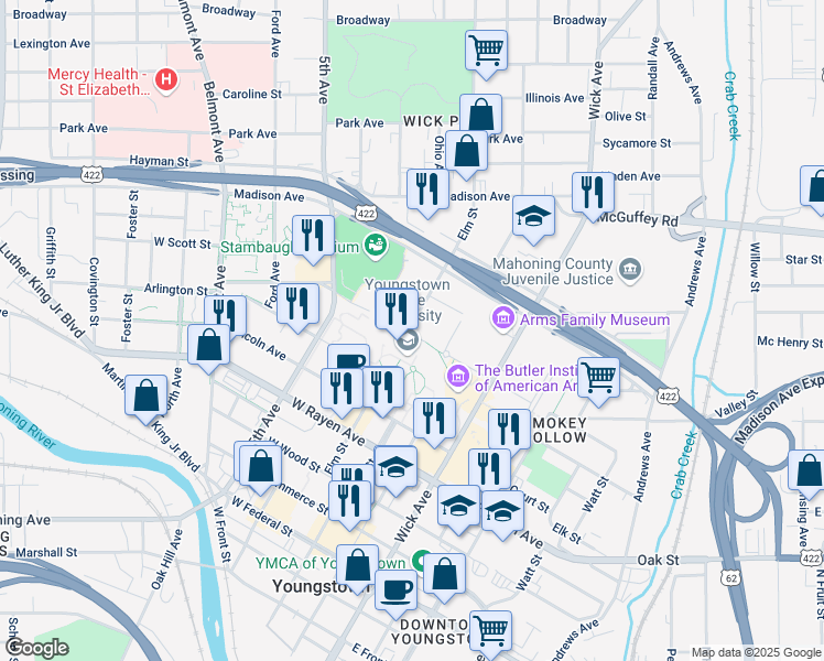 map of restaurants, bars, coffee shops, grocery stores, and more near 1 University Plaza in Youngstown