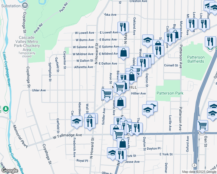 map of restaurants, bars, coffee shops, grocery stores, and more near 814 Avon Street in Akron