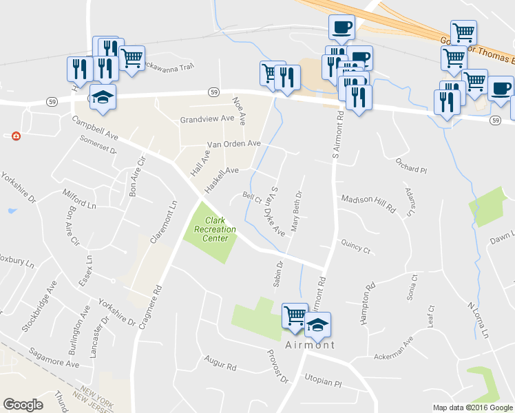 map of restaurants, bars, coffee shops, grocery stores, and more near 1 Bell Court in Airmont