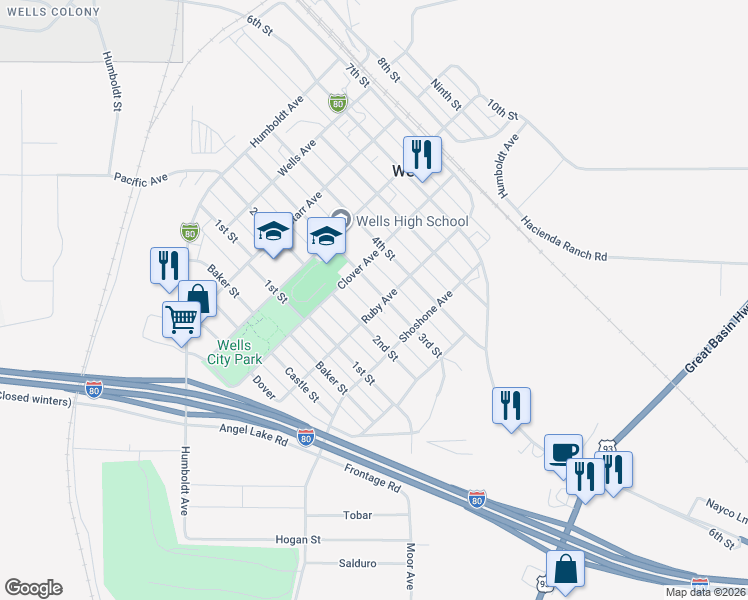 map of restaurants, bars, coffee shops, grocery stores, and more near 590 3rd Street in Wells
