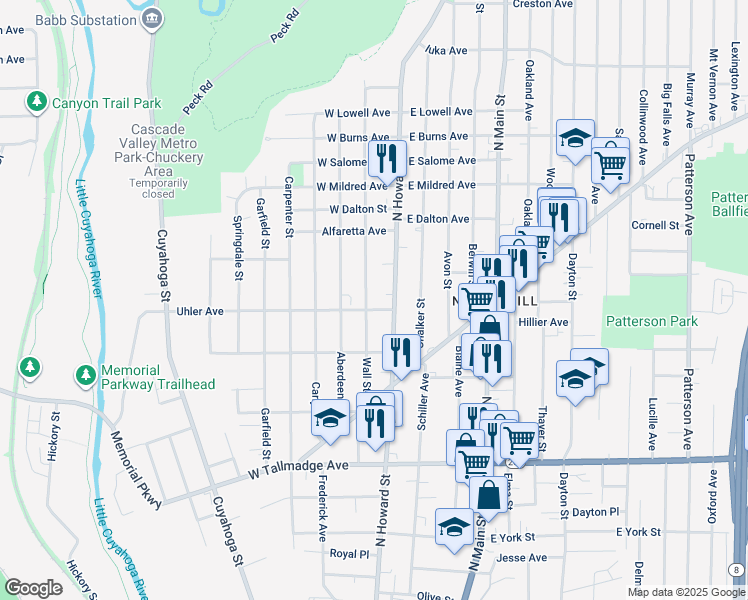 map of restaurants, bars, coffee shops, grocery stores, and more near 807 Wall St in Akron
