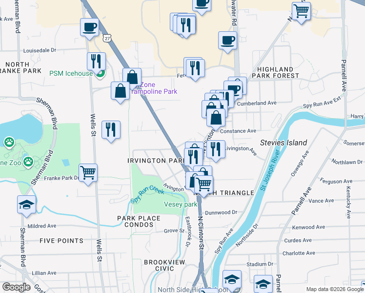 map of restaurants, bars, coffee shops, grocery stores, and more near 318 Norfolk Avenue in Fort Wayne