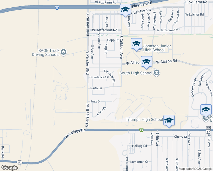 map of restaurants, bars, coffee shops, grocery stores, and more near 1600 Pinto Ln in Cheyenne