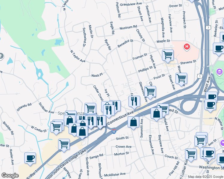 map of restaurants, bars, coffee shops, grocery stores, and more near 27 North Taylor Avenue in Norwalk