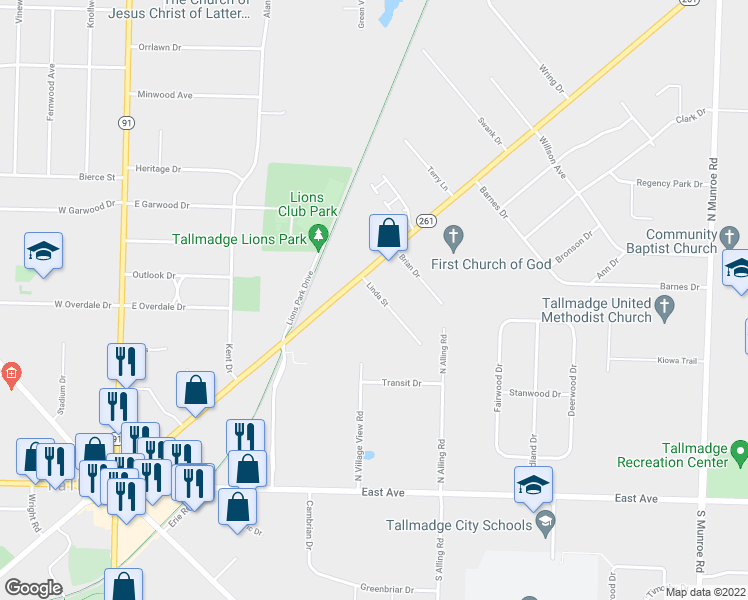 map of restaurants, bars, coffee shops, grocery stores, and more near 24 Linda Street in Tallmadge