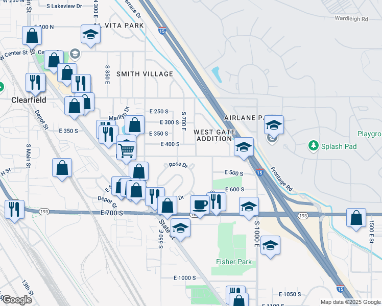 map of restaurants, bars, coffee shops, grocery stores, and more near 731 East 450 South in Clearfield