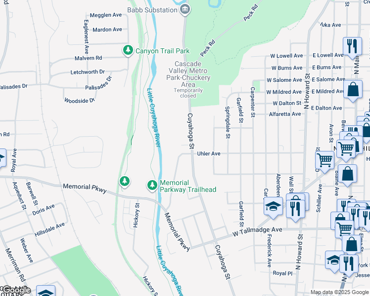map of restaurants, bars, coffee shops, grocery stores, and more near 285 Shultz Street in Akron