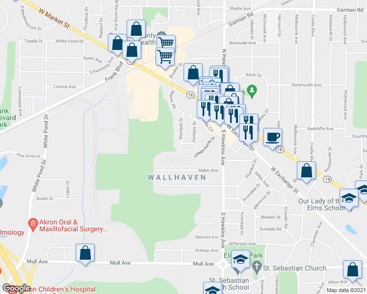 map of restaurants, bars, coffee shops, grocery stores, and more near 118 Westgay Drive in Akron