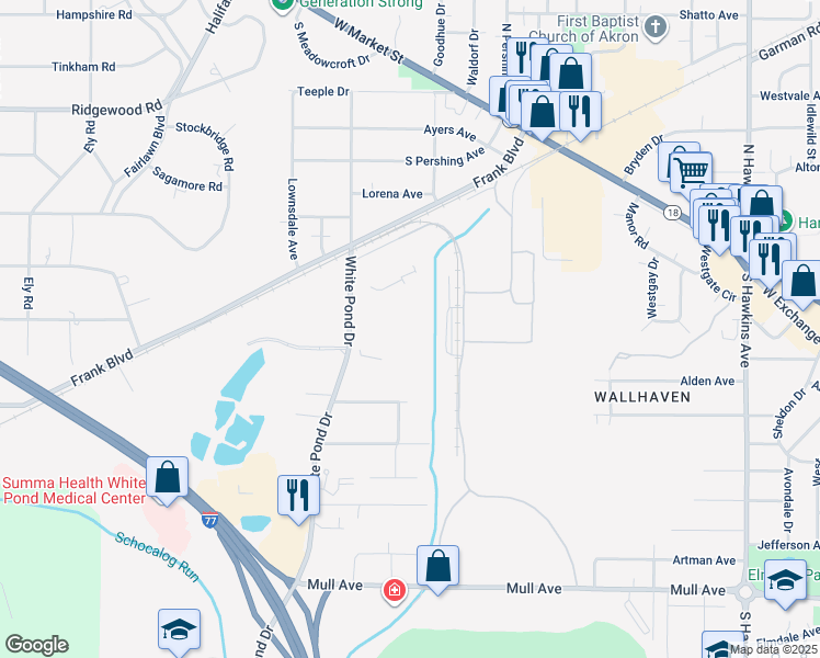 map of restaurants, bars, coffee shops, grocery stores, and more near 341 White Pond Drive in Akron