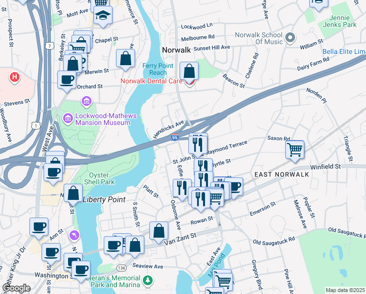 map of restaurants, bars, coffee shops, grocery stores, and more near 24 Laurel Street in Norwalk
