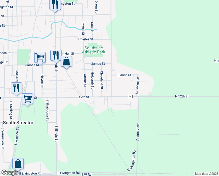 map of restaurants, bars, coffee shops, grocery stores, and more near 1122 South Otter Creek Street in Streator