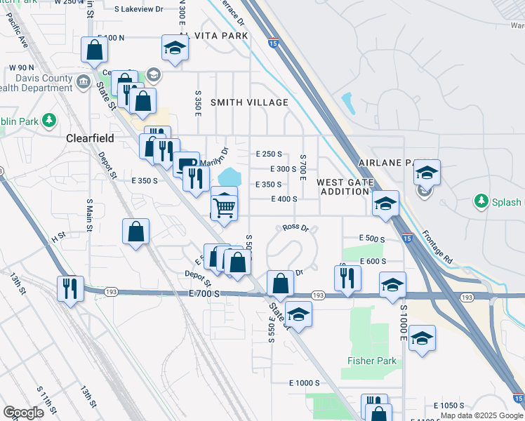 map of restaurants, bars, coffee shops, grocery stores, and more near 547 East 450 South in Clearfield