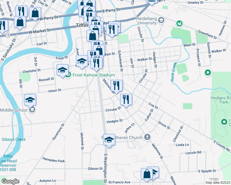 map of restaurants, bars, coffee shops, grocery stores, and more near 91 Melmore Street in Tiffin