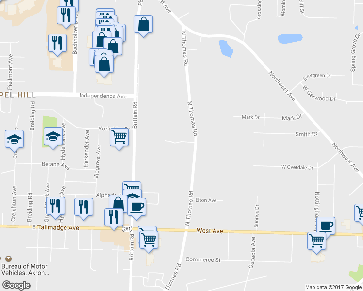 map of restaurants, bars, coffee shops, grocery stores, and more near 571 Hilltop Terrace in Tallmadge
