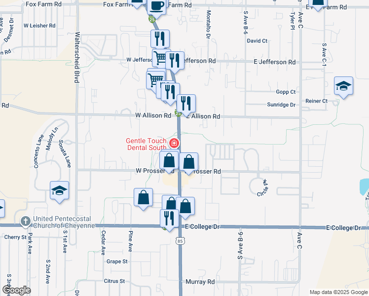 map of restaurants, bars, coffee shops, grocery stores, and more near 1101 South Greeley Highway in Cheyenne