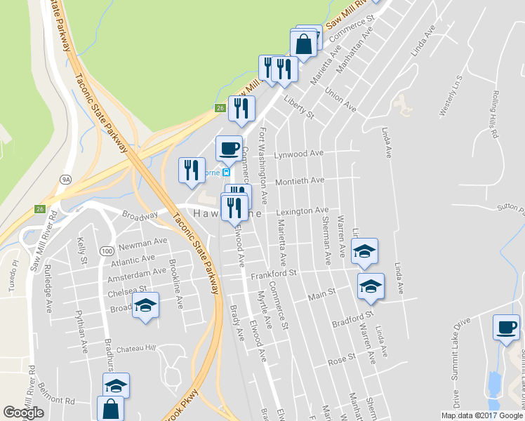 map of restaurants, bars, coffee shops, grocery stores, and more near 341 Fort Washington Avenue in Hawthorne