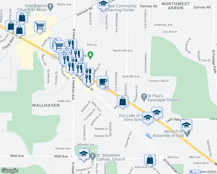 map of restaurants, bars, coffee shops, grocery stores, and more near 1507 West Market Street in Akron